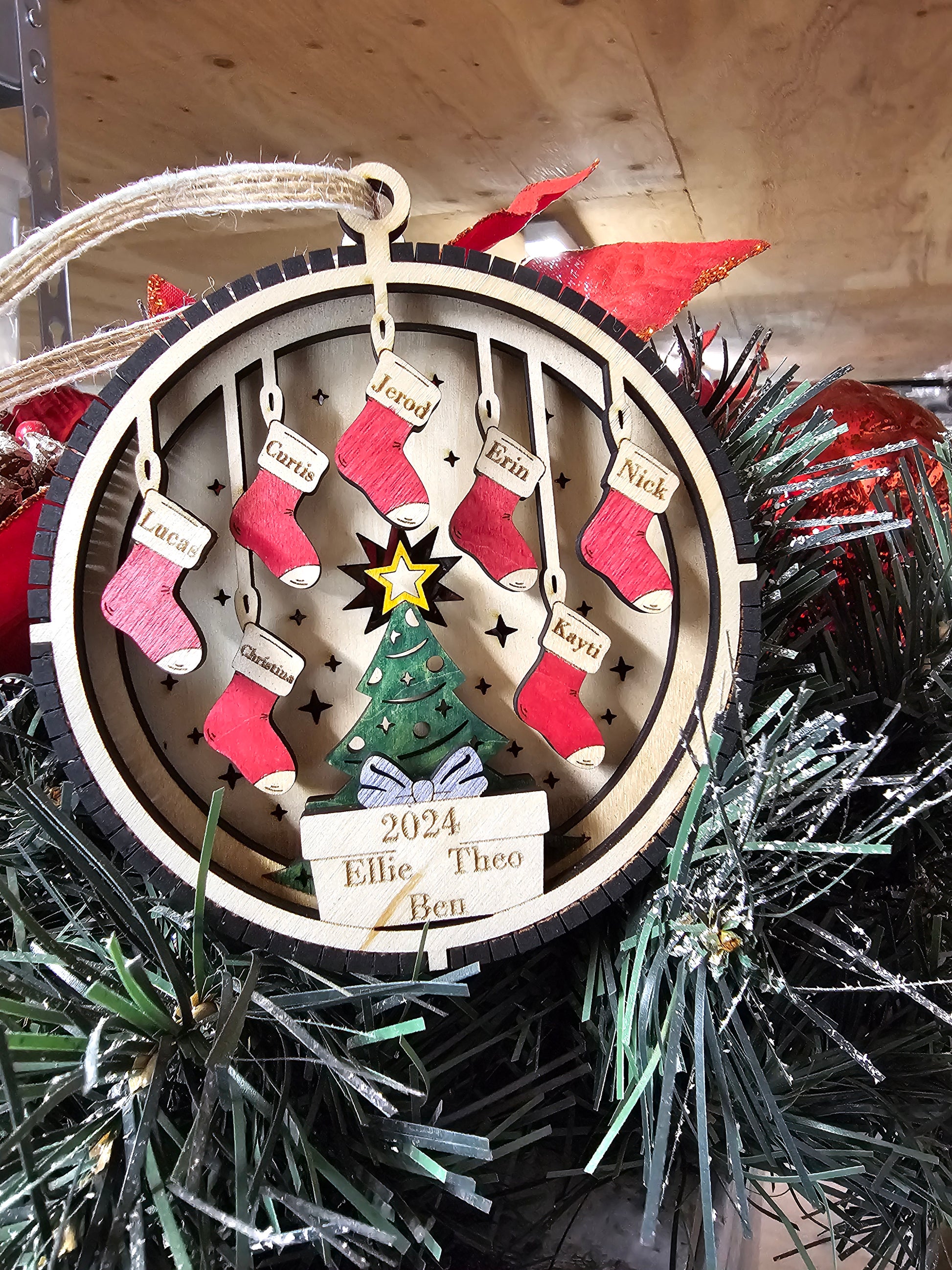 Personalized Lighted Christmas Tree Ornament with Stockings – Custom Family Holiday Decor