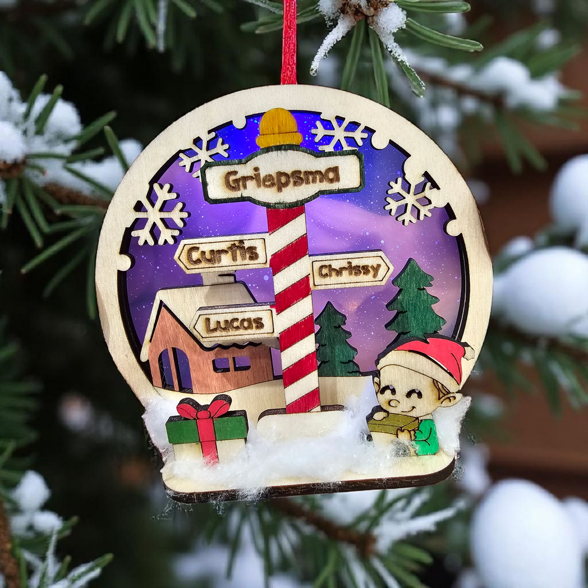 Lighted Candy Cane Pole Christmas Ornament – Cabin Scene with Changeable Figurines